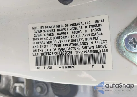 2015 Honda Civic Ex-L из США, поврежденный, VIN 19XFB2F92FE007036